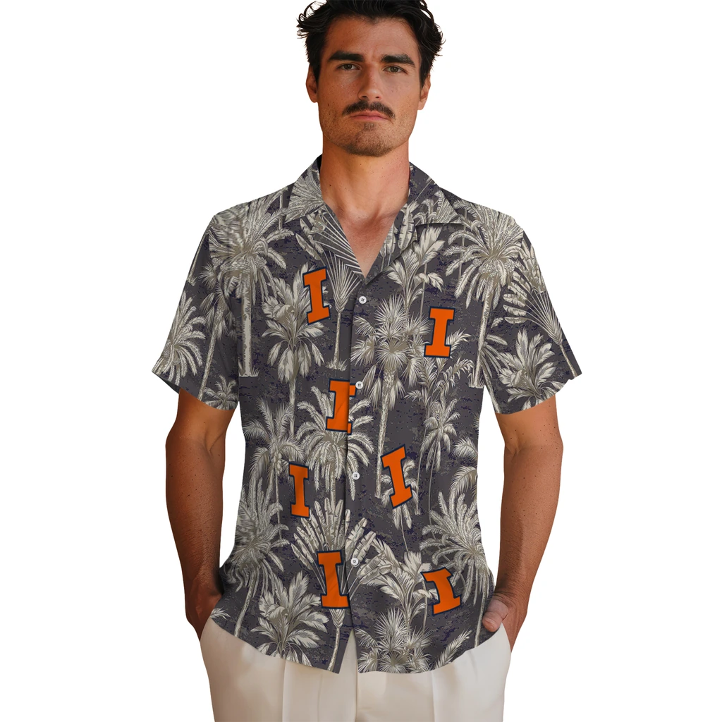 Illinois Fighting Illini Hawaiian Shirt - Vintage Palm Tree illinois fighting illini palm shadows blue hawaiian shirts fashion forward