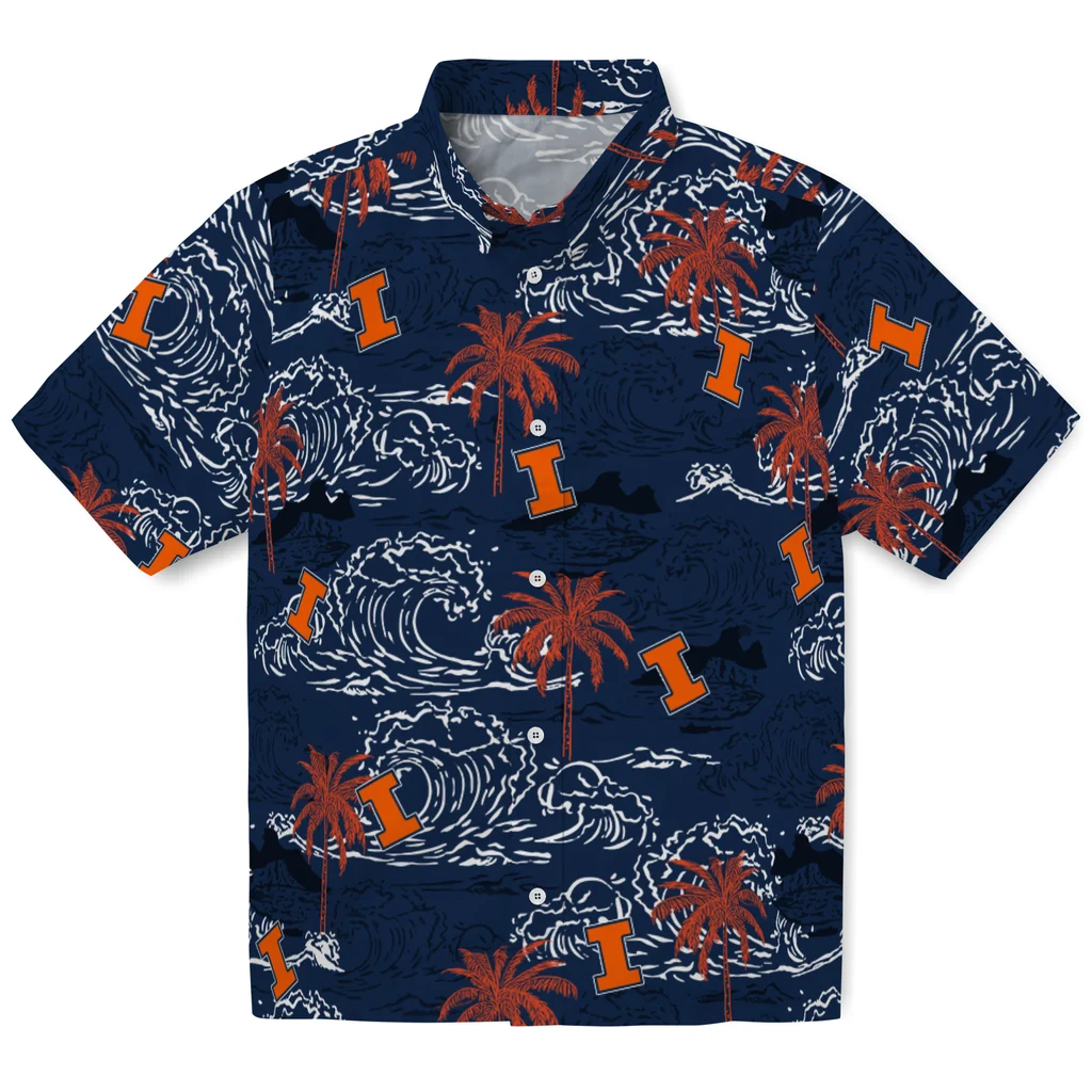 Illinois Fighting Illini Hawaiian Shirt - Wave Palm illinois fighting illini wave palm blue hawaiian shirts best selling