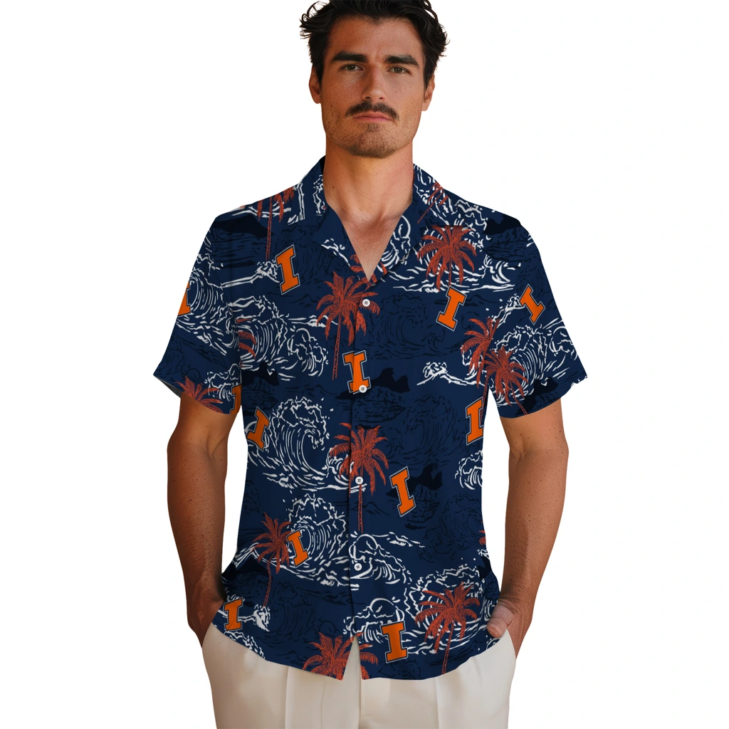 Illinois Fighting Illini Hawaiian Shirt - Wave Palm illinois fighting illini wave palm blue hawaiian shirts fashion forward