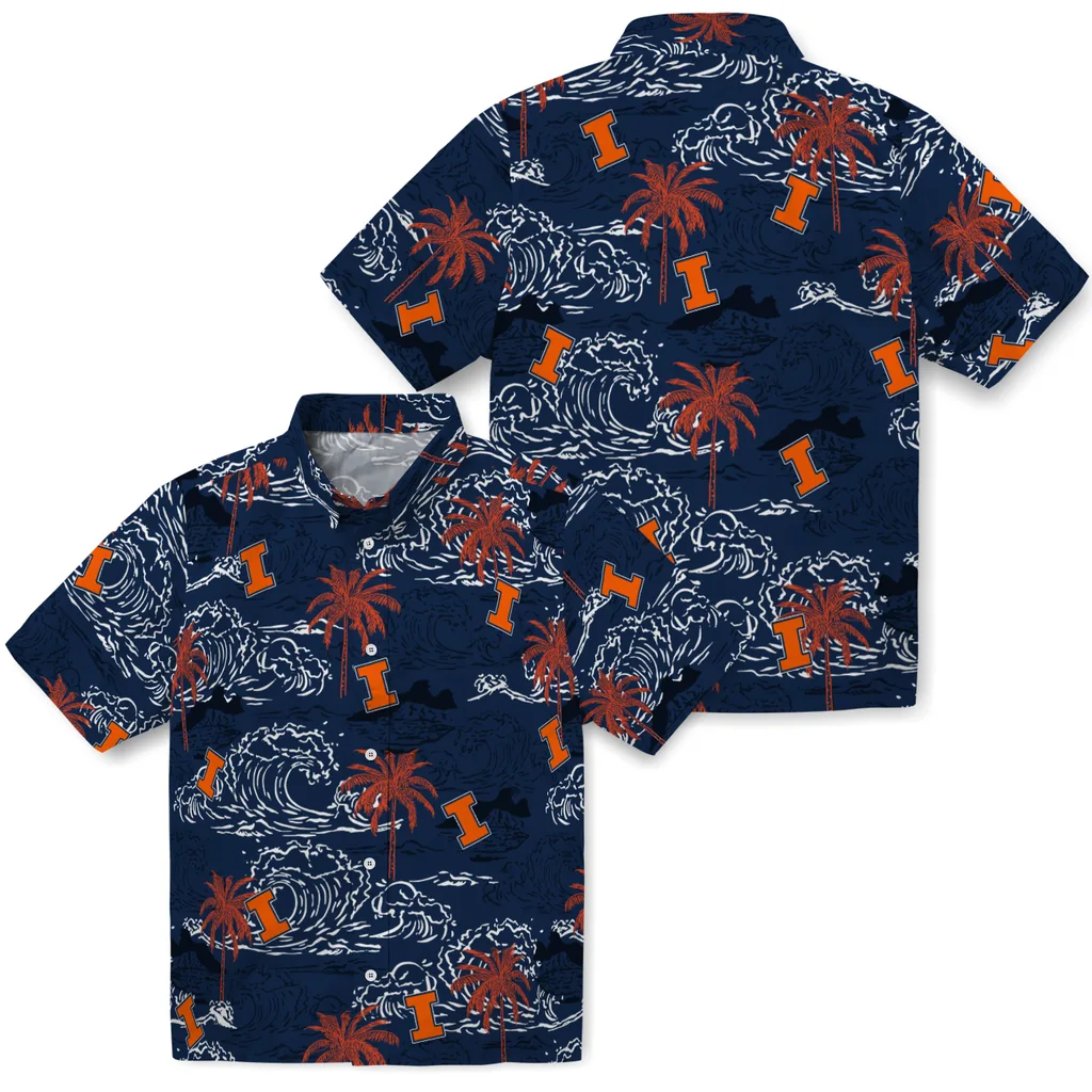 Illinois Fighting Illini Hawaiian Shirt - Wave Palm illinois fighting illini wave palm blue hawaiian shirts high quality
