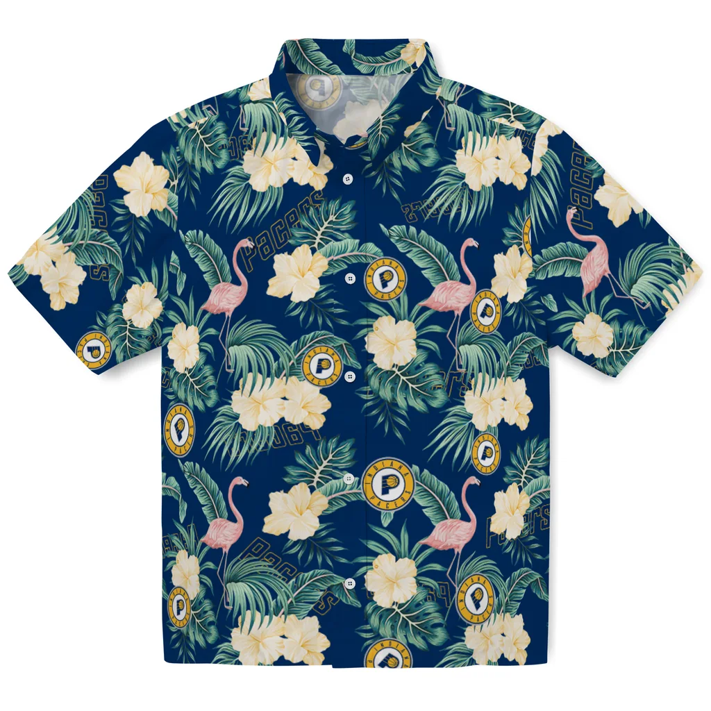 Indiana Pacers Hawaiian Shirt - Flamingo and Hibiscus indiana pacers flamingo palms blue hawaiian shirts best selling