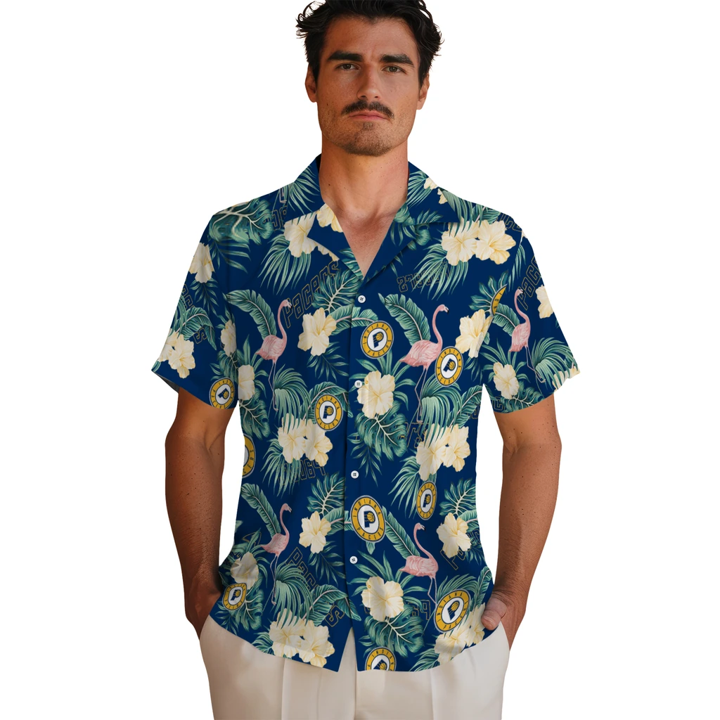 Indiana Pacers Hawaiian Shirt - Flamingo and Hibiscus indiana pacers flamingo palms blue hawaiian shirts fashion forward