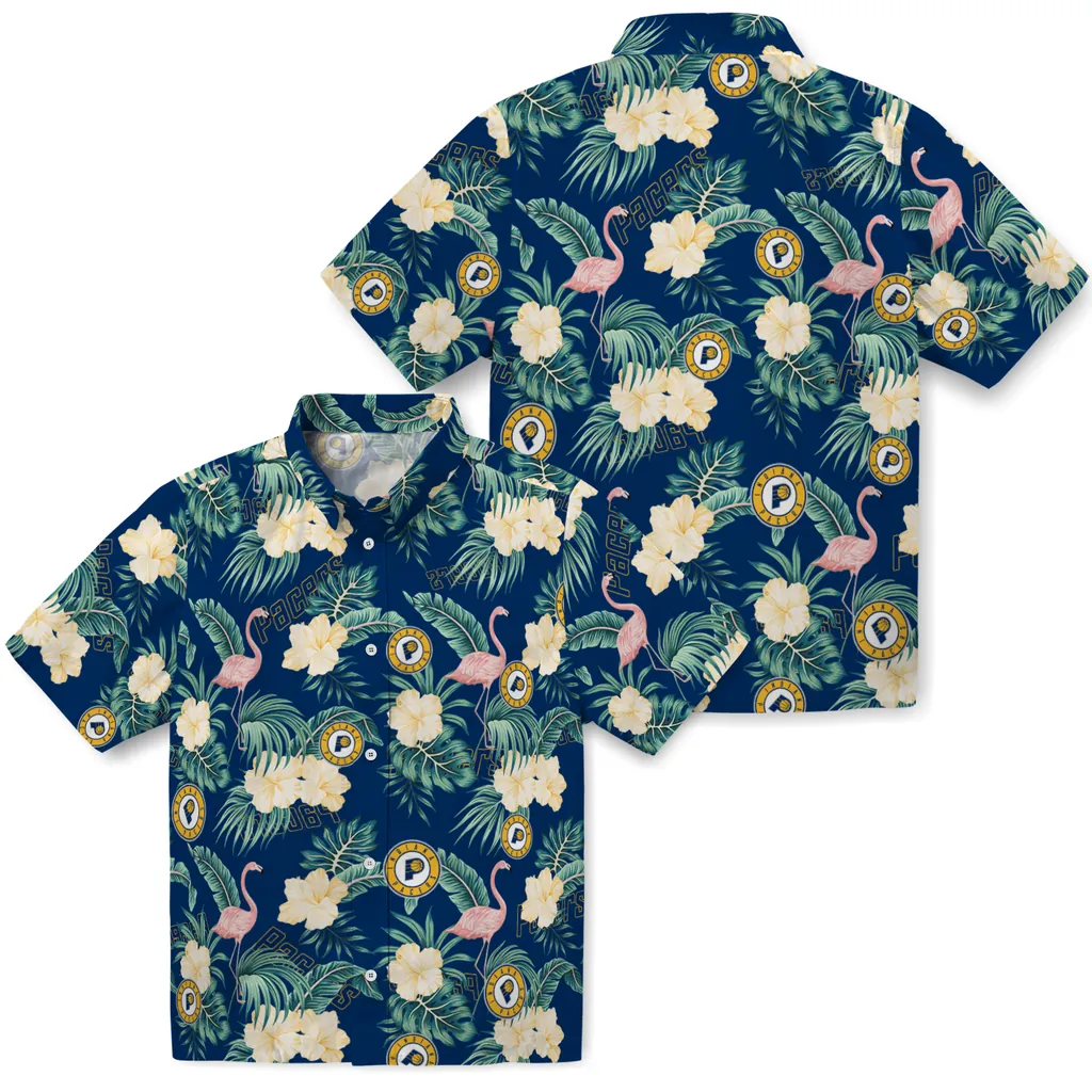 Indiana Pacers Hawaiian Shirt - Flamingo and Hibiscus indiana pacers flamingo palms blue hawaiian shirts high quality