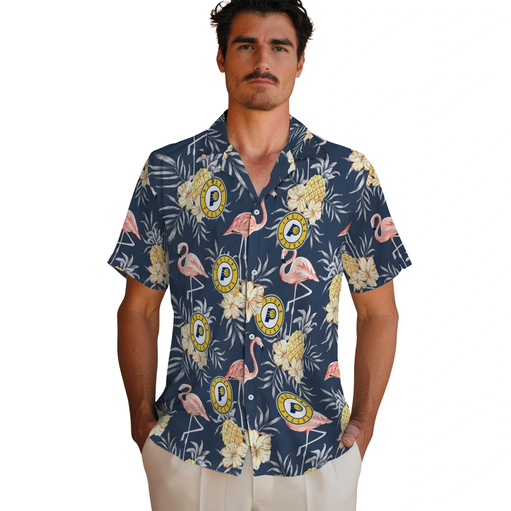 Indiana Pacers Hawaiian Shirt - Flamingo Hibiscus indiana pacers flamingo hibiscus navy hawaiian shirts fashion forward