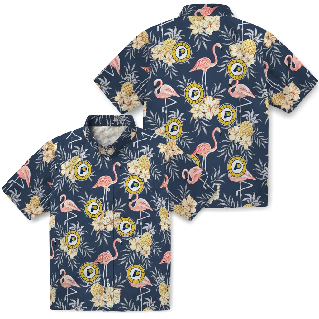 Indiana Pacers Hawaiian Shirt - Flamingo Hibiscus indiana pacers flamingo hibiscus navy hawaiian shirts high quality