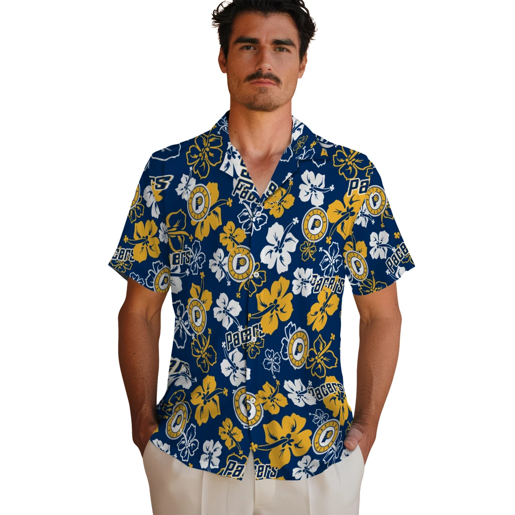Indiana Pacers Hawaiian Shirt - Hibiscus Flower Design indiana pacers hibiscus bloom blue hawaiian shirts fashion forward
