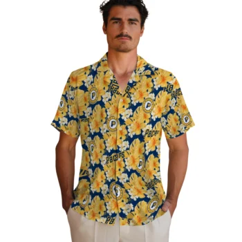 indiana pacers hibiscus tropics blue yellow hawaiian shirts fashion forward