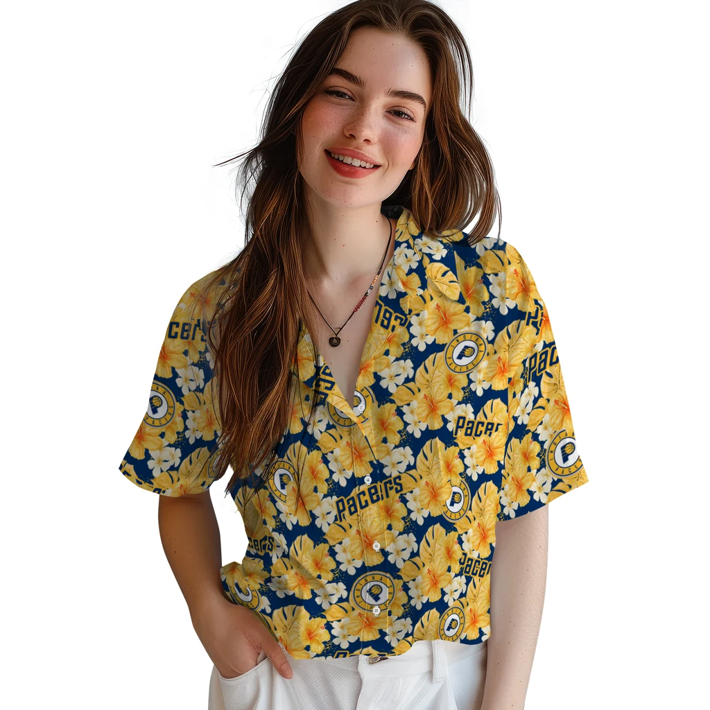 Indiana Pacers Hawaiian Shirt - Hibiscus Tropics indiana pacers hibiscus tropics blue yellow hawaiian shirts latest model