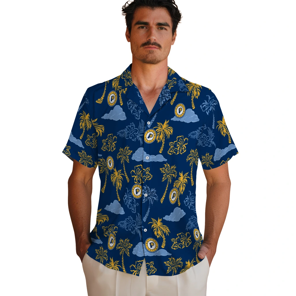 Indiana Pacers Hawaiian Shirt - Palm And Clouds indiana pacers palm and clouds blue hawaiian shirts fashion forward