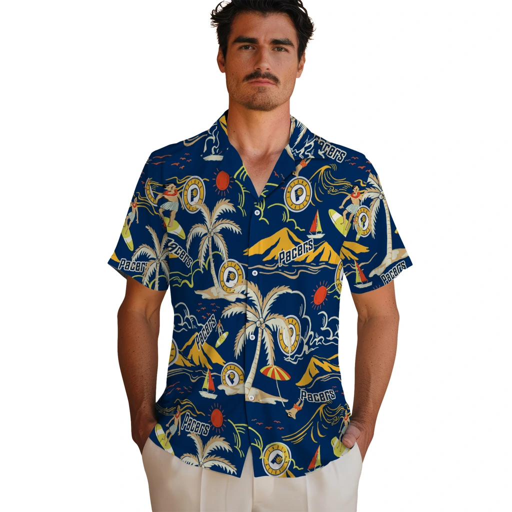 Indiana Pacers Hawaiian Shirt - Palm Tree Island indiana pacers palm tree island blue hawaiian shirts fashion forward