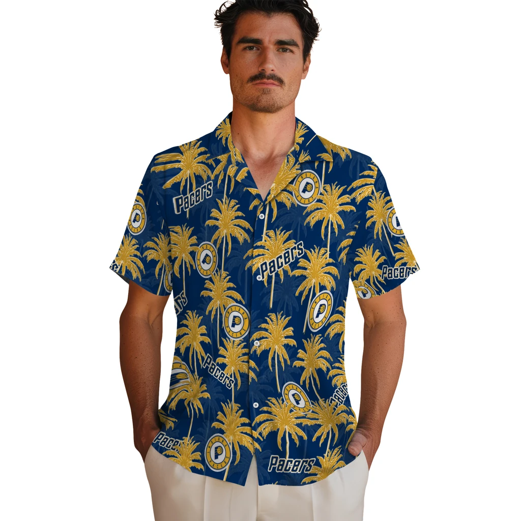 Indiana Pacers Hawaiian Shirt - Palm Tree Motif indiana pacers palm grove blue hawaiian shirts fashion forward