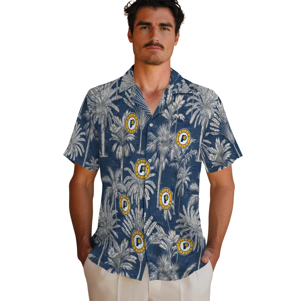 Indiana Pacers Hawaiian Shirt - Vintage Palm Tree indiana pacers palm shadows blue hawaiian shirts fashion forward