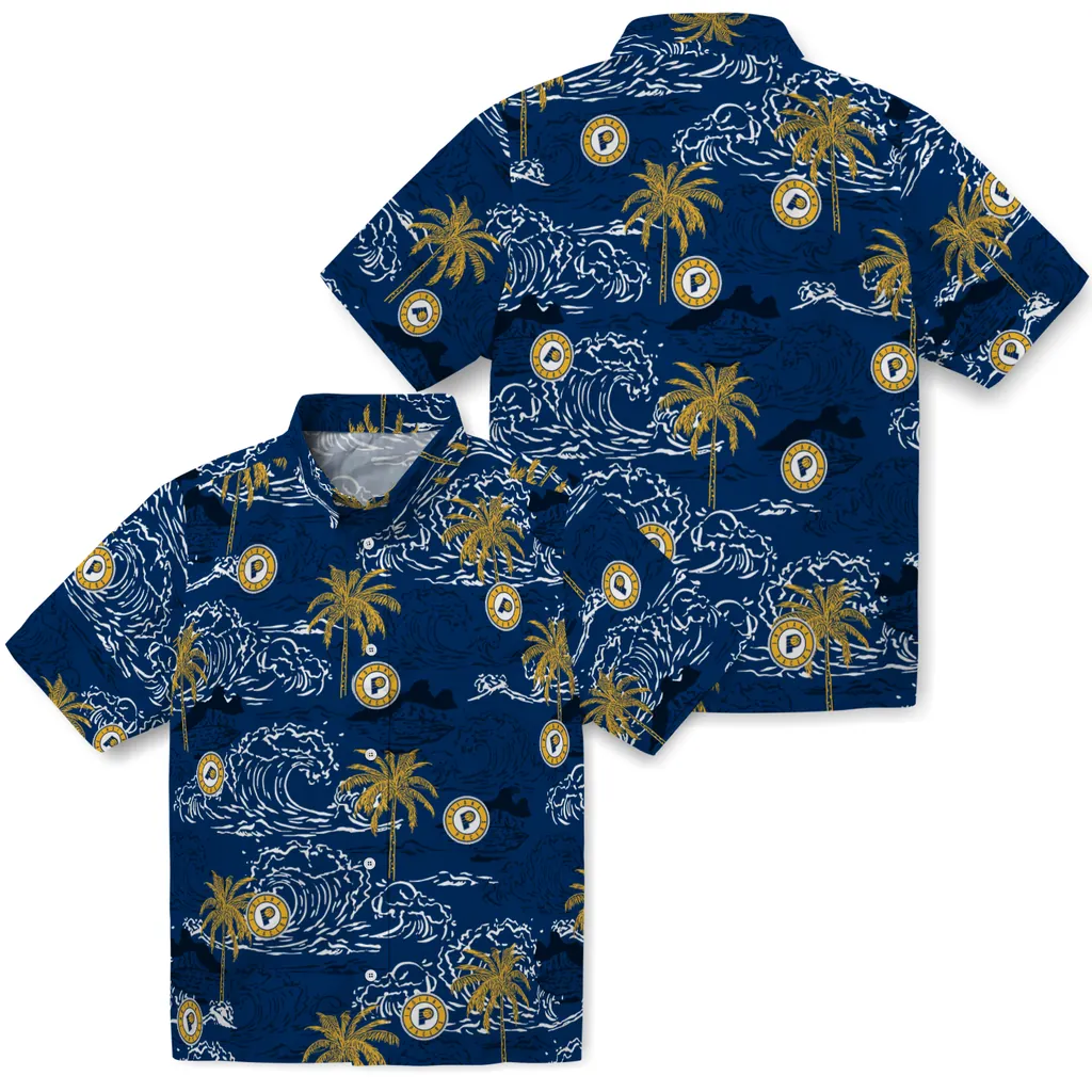 Indiana Pacers Hawaiian Shirt - Wave Palm indiana pacers wave palm blue hawaiian shirts high quality