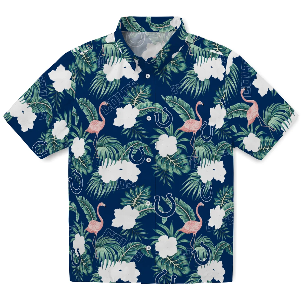 Indianapolis Colts Hawaiian Shirt - Flamingo and Hibiscus indianapolis colts flamingo palms blue hawaiian shirts best selling