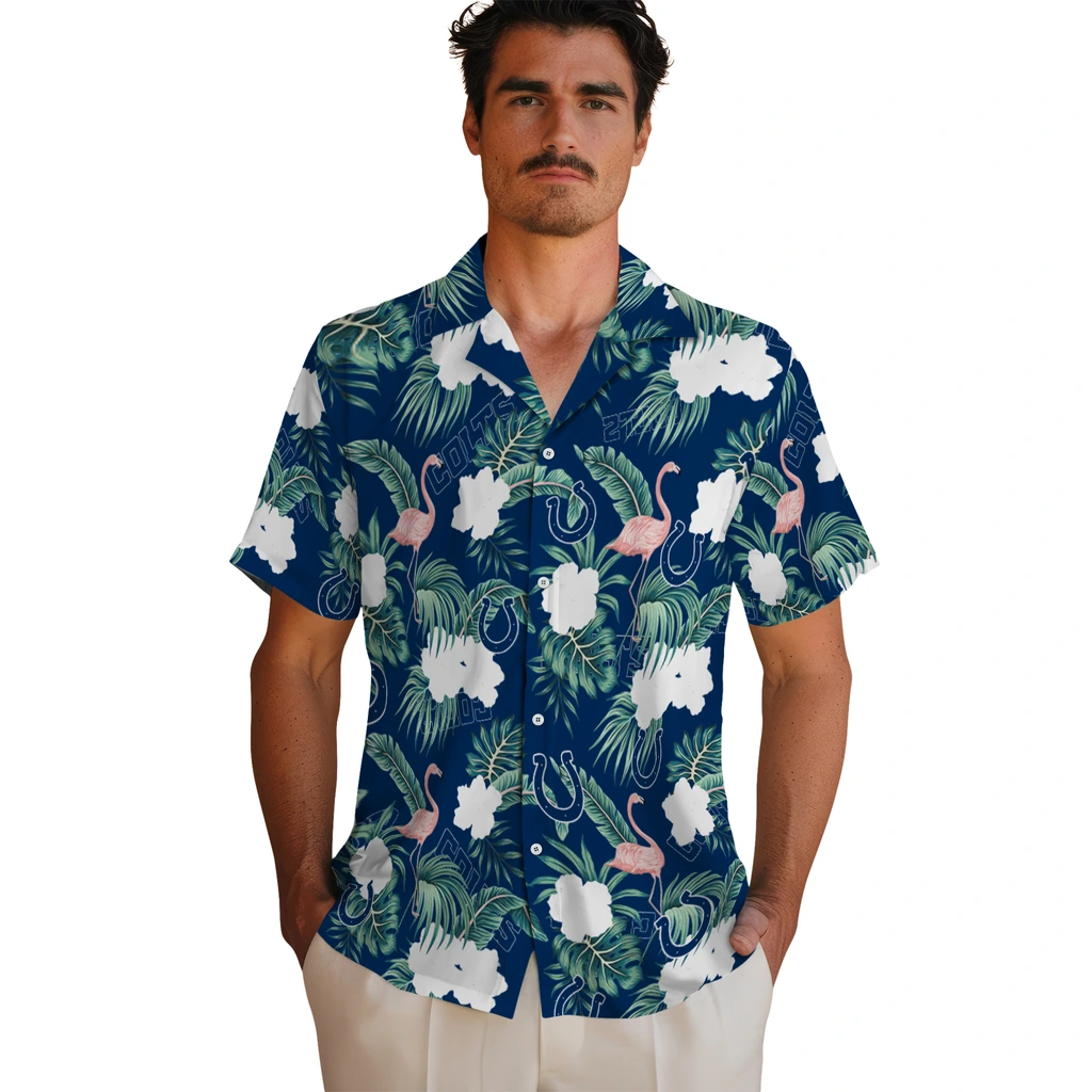 Indianapolis Colts Hawaiian Shirt - Flamingo and Hibiscus indianapolis colts flamingo palms blue hawaiian shirts fashion forward