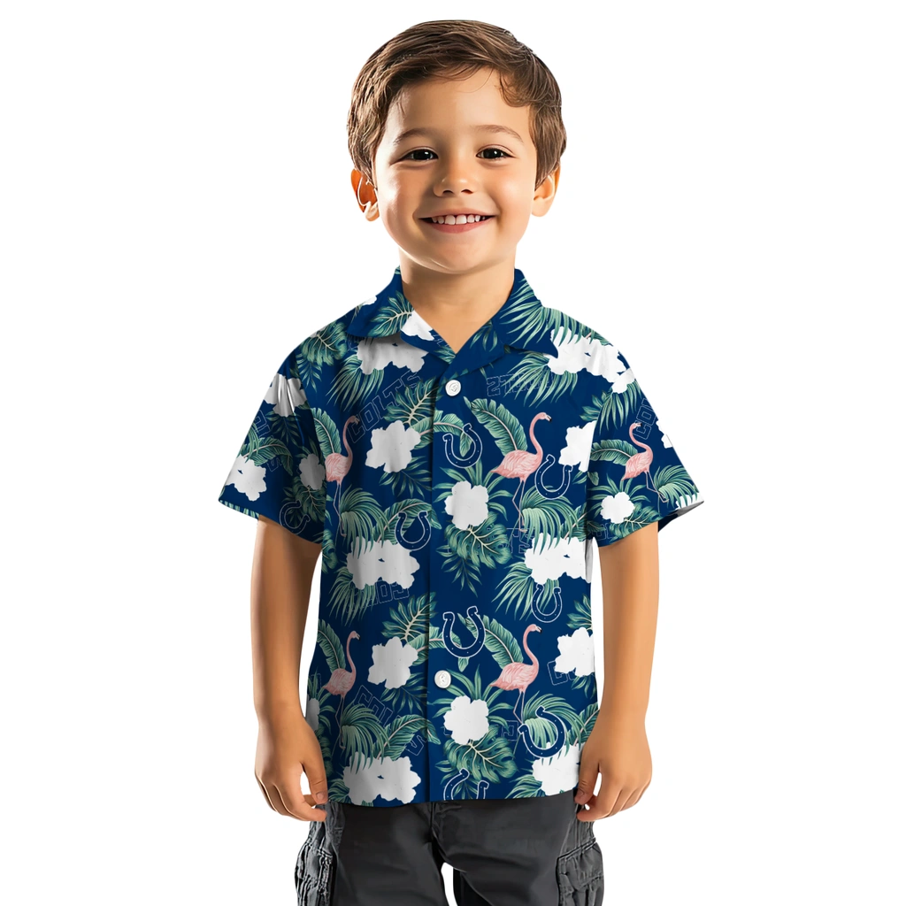 Indianapolis Colts Hawaiian Shirt - Flamingo and Hibiscus indianapolis colts flamingo palms blue hawaiian shirts top rated