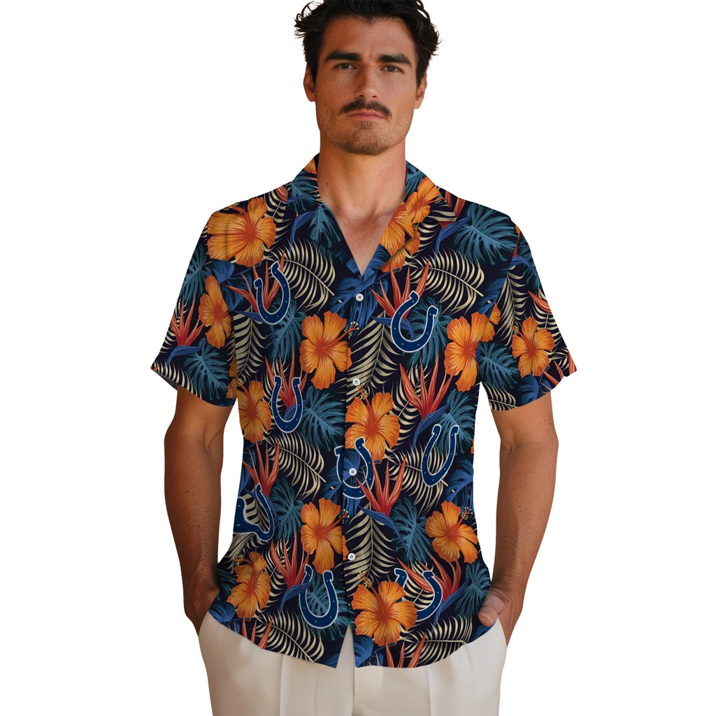 Indianapolis Colts Hawaiian Shirt - Hibiscus Foliage indianapolis colts hibiscus foliage hawaiian shirts fashion forward