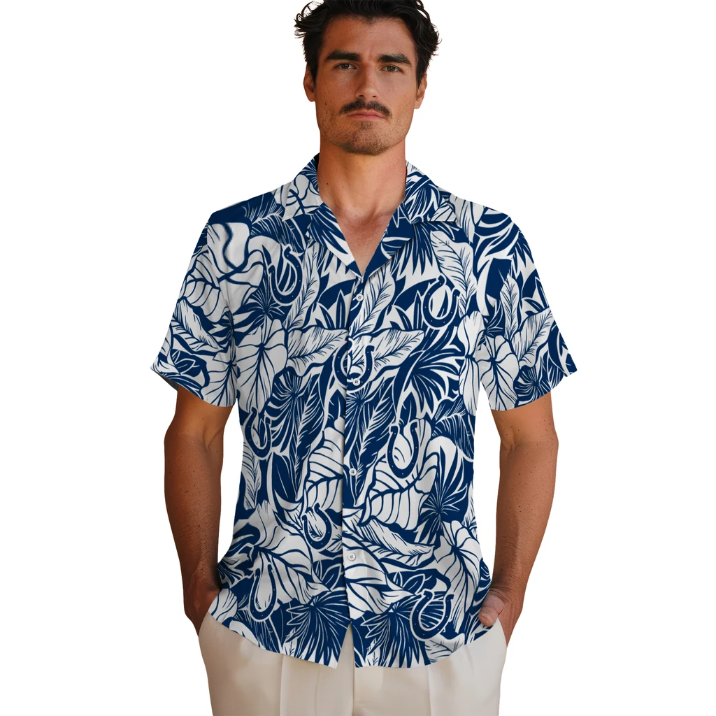 Indianapolis Colts Hawaiian Shirt - Monstera Layer indianapolis colts monstera layer blue hawaiian shirts fashion forward