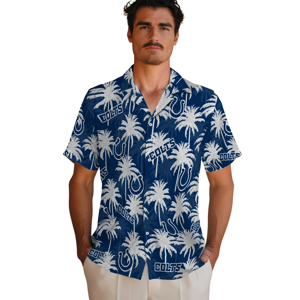 Indianapolis Colts Hawaiian Shirt - Palm Tree Motif indianapolis colts palm grove blue hawaiian shirts fashion forward