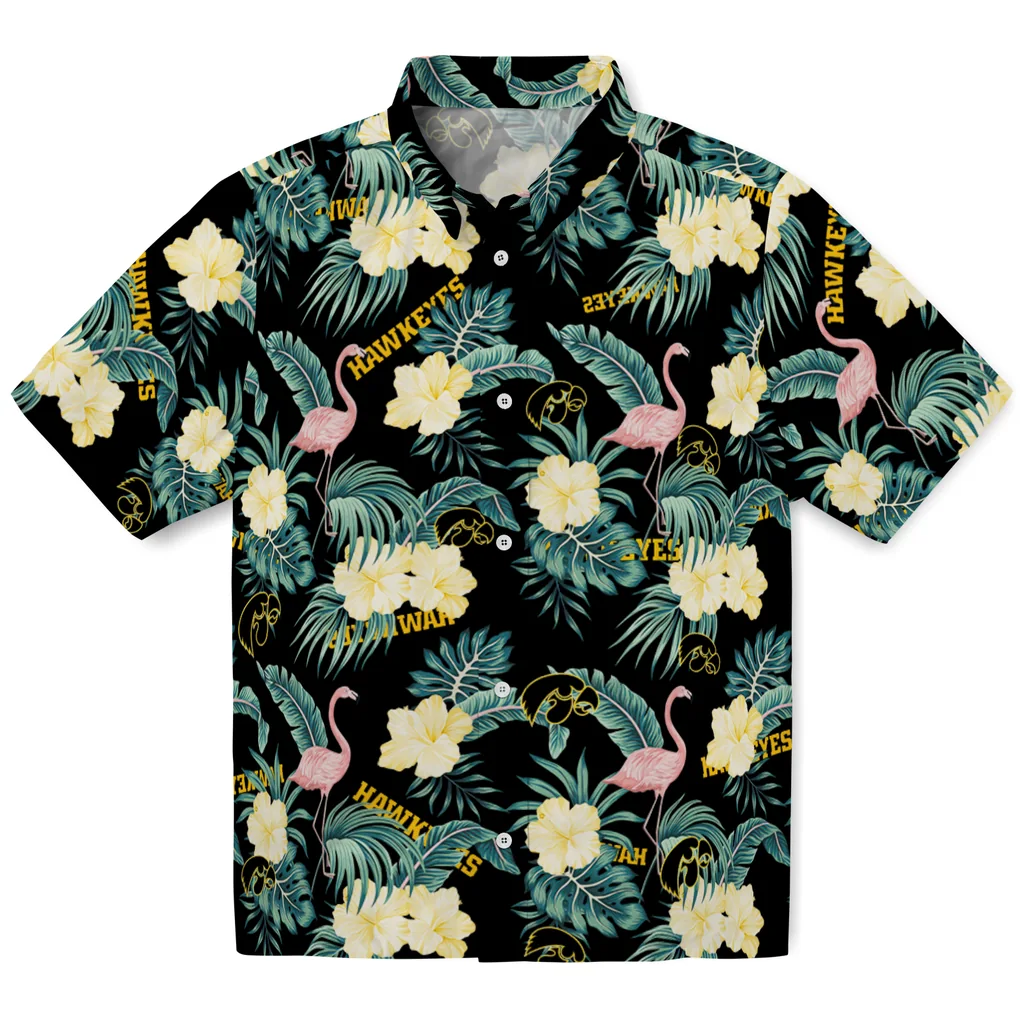Iowa Hawkeyes Hawaiian Shirt - Flamingo and Hibiscus iowa hawkeyes flamingo palms black hawaiian shirts best selling