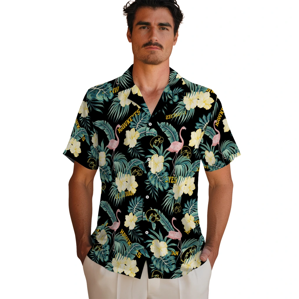 Iowa Hawkeyes Hawaiian Shirt - Flamingo and Hibiscus iowa hawkeyes flamingo palms black hawaiian shirts fashion forward