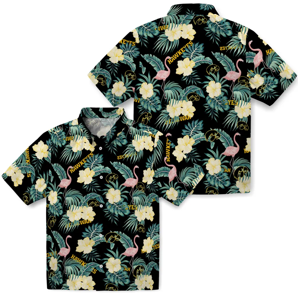 Iowa Hawkeyes Hawaiian Shirt - Flamingo and Hibiscus iowa hawkeyes flamingo palms black hawaiian shirts high quality