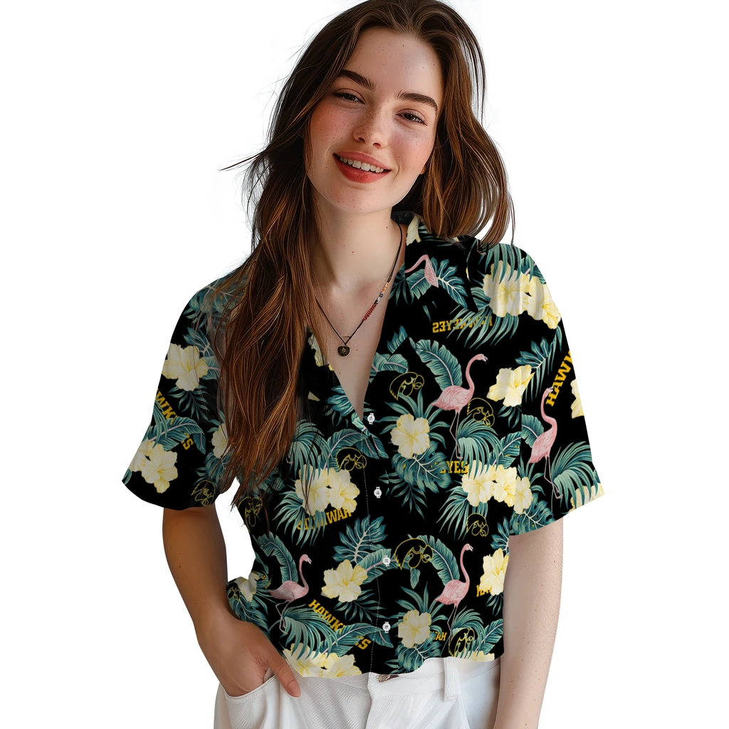 Iowa Hawkeyes Hawaiian Shirt - Flamingo and Hibiscus iowa hawkeyes flamingo palms black hawaiian shirts latest model