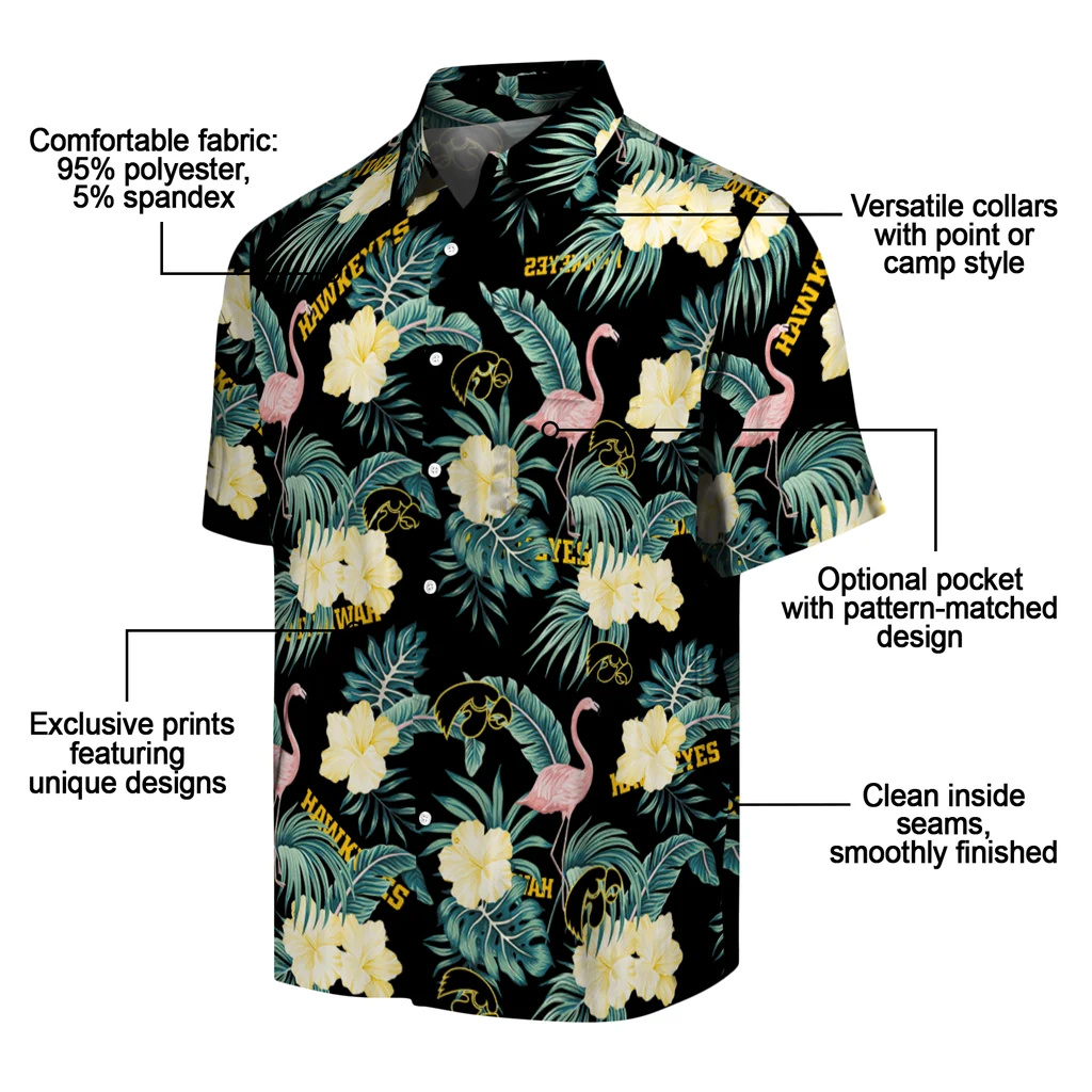 Iowa Hawkeyes Hawaiian Shirt - Flamingo and Hibiscus iowa hawkeyes flamingo palms black hawaiian shirts new arrival