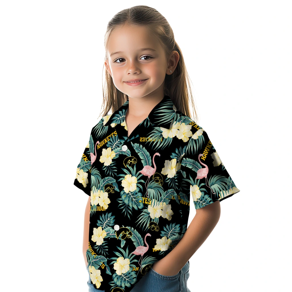 Iowa Hawkeyes Hawaiian Shirt - Flamingo and Hibiscus iowa hawkeyes flamingo palms black hawaiian shirts premium grade