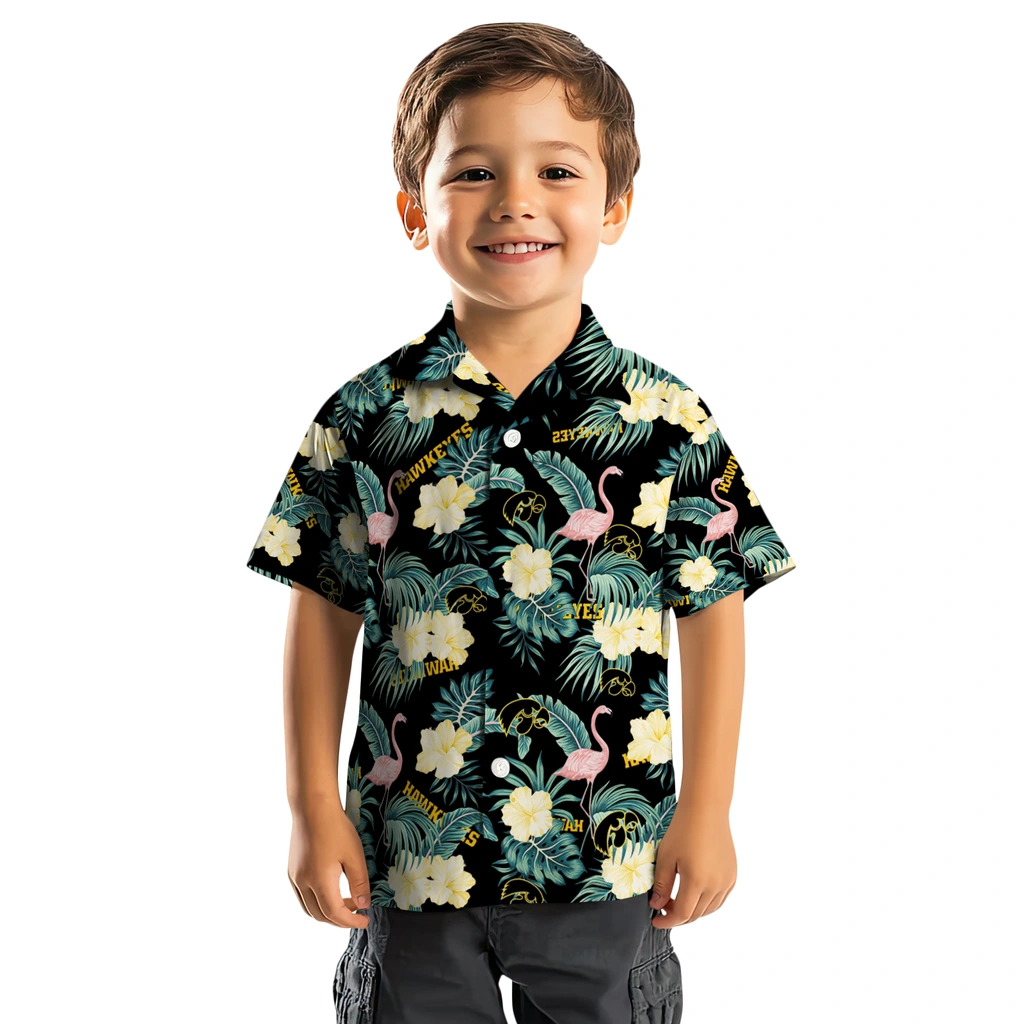 Iowa Hawkeyes Hawaiian Shirt - Flamingo and Hibiscus iowa hawkeyes flamingo palms black hawaiian shirts top rated