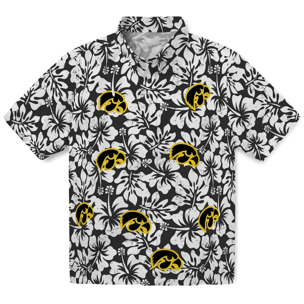 Iowa Hawkeyes Hawaiian Shirt - Hibiscus Motif iowa hawkeyes hibiscus motif black white hawaiian shirts best selling