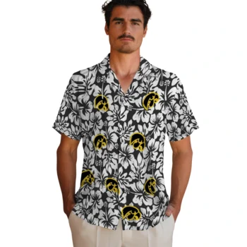 iowa hawkeyes hibiscus motif black white hawaiian shirts fashion forward