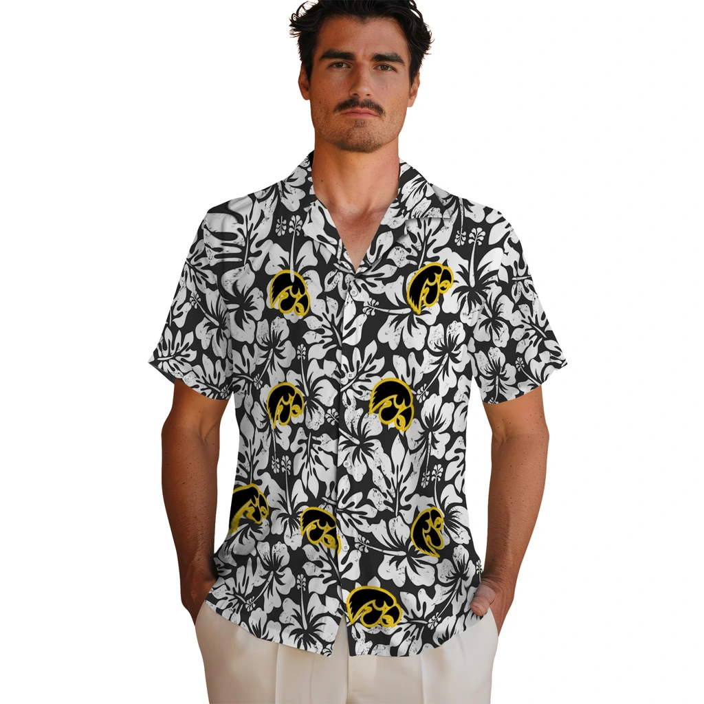 Iowa Hawkeyes Hawaiian Shirt - Hibiscus Motif iowa hawkeyes hibiscus motif black white hawaiian shirts fashion forward