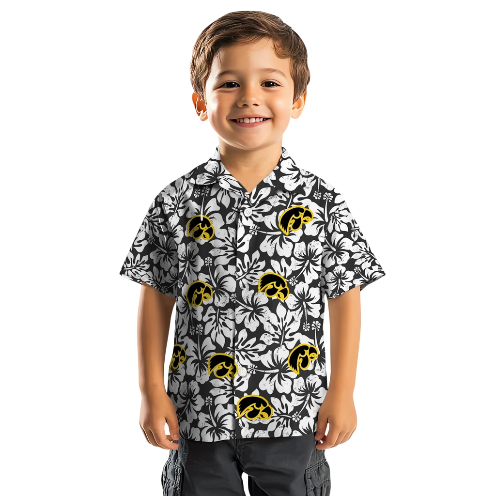 Iowa Hawkeyes Hawaiian Shirt - Hibiscus Motif iowa hawkeyes hibiscus motif black white hawaiian shirts top rated