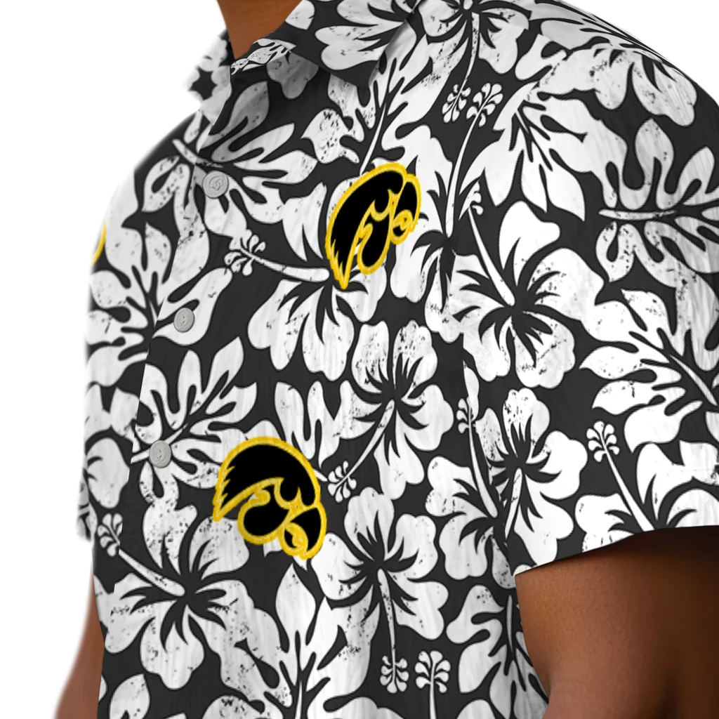 Iowa Hawkeyes Hawaiian Shirt - Hibiscus Motif iowa hawkeyes hibiscus motif black white hawaiian shirts trendy