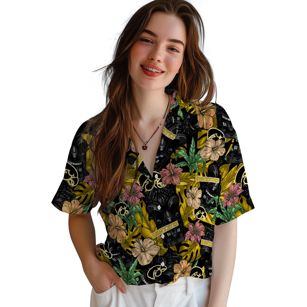 Iowa Hawkeyes Hawaiian Shirt - Hibiscus Tiki Jungle iowa hawkeyes tiki jungle black hawaiian shirts latest model