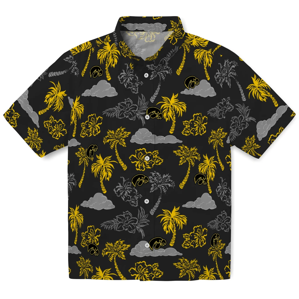 Iowa Hawkeyes Hawaiian Shirt - Palm And Clouds iowa hawkeyes palm and clouds black hawaiian shirts best selling
