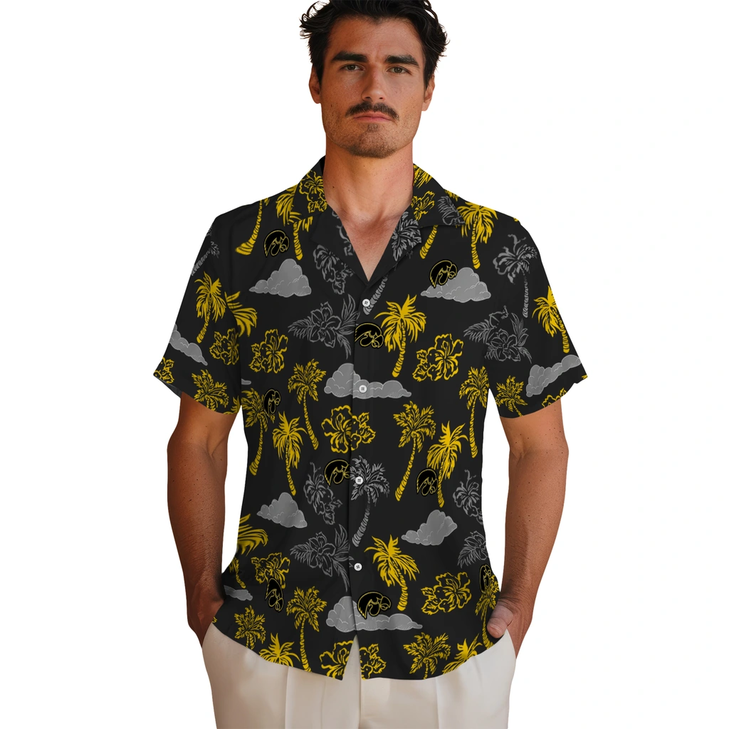 Iowa Hawkeyes Hawaiian Shirt - Palm And Clouds iowa hawkeyes palm and clouds black hawaiian shirts fashion forward