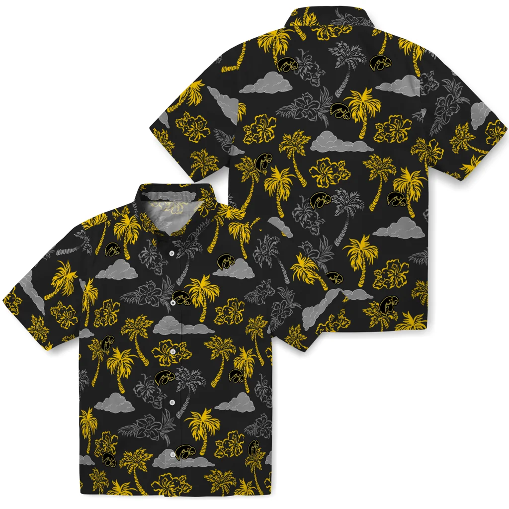 Iowa Hawkeyes Hawaiian Shirt - Palm And Clouds iowa hawkeyes palm and clouds black hawaiian shirts high quality