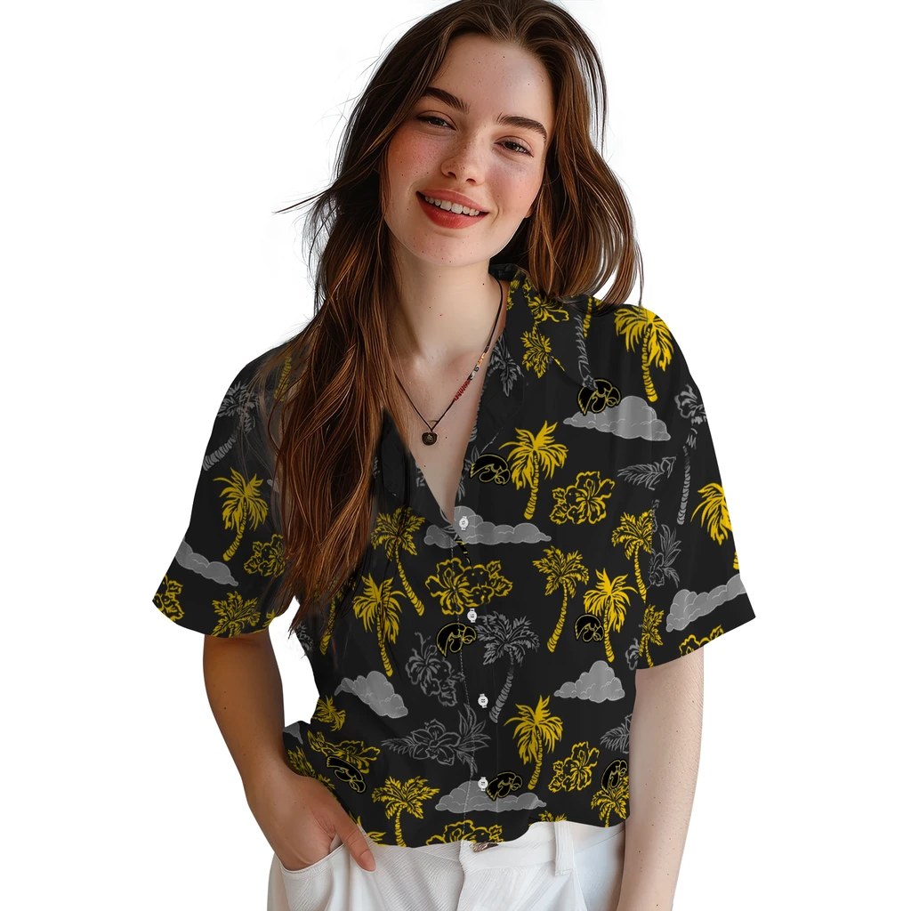 Iowa Hawkeyes Hawaiian Shirt - Palm And Clouds iowa hawkeyes palm and clouds black hawaiian shirts latest model