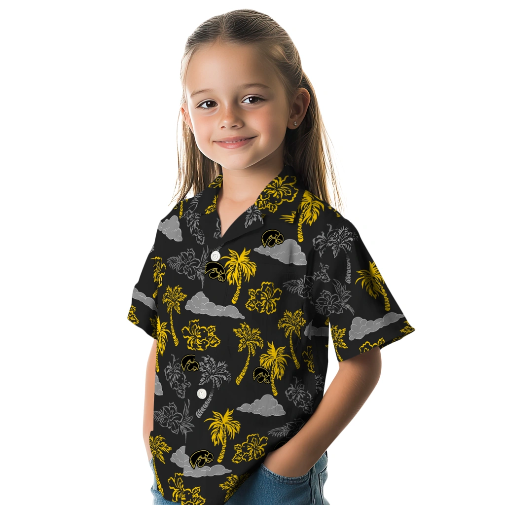 Iowa Hawkeyes Hawaiian Shirt - Palm And Clouds iowa hawkeyes palm and clouds black hawaiian shirts premium grade