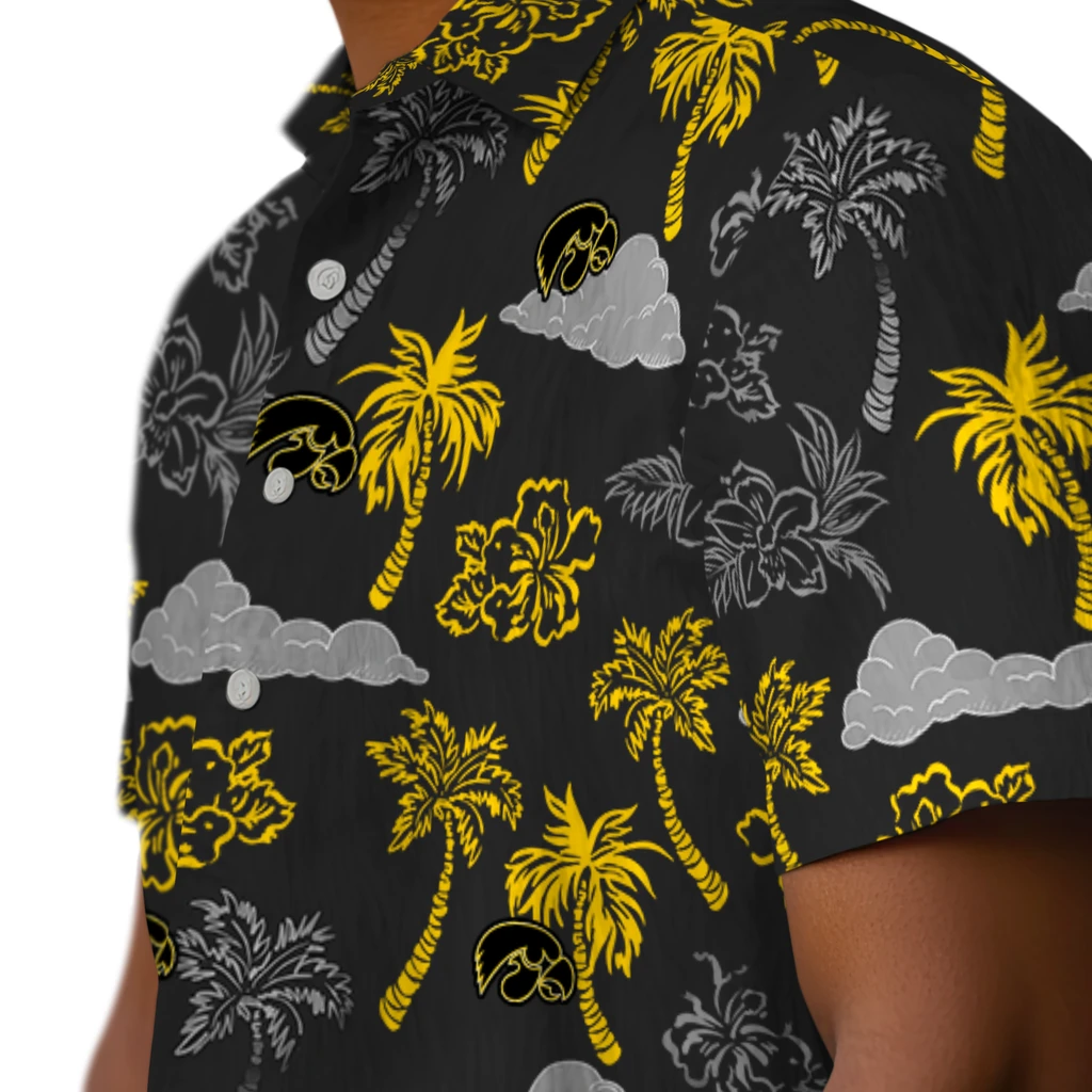 Iowa Hawkeyes Hawaiian Shirt - Palm And Clouds iowa hawkeyes palm and clouds black hawaiian shirts trendy