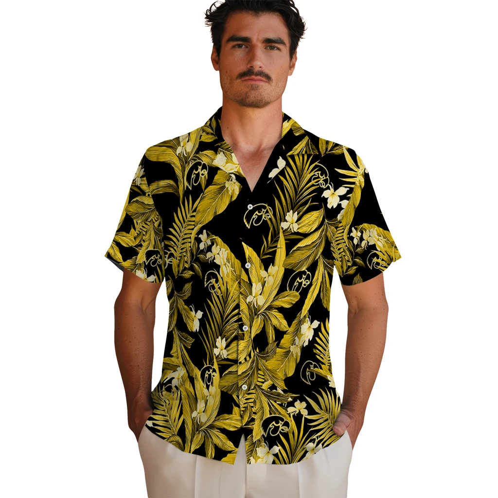 Iowa Hawkeyes Hawaiian Shirt - Palm Leaves iowa hawkeyes palm leaves black hawaiian shirts fashion forward