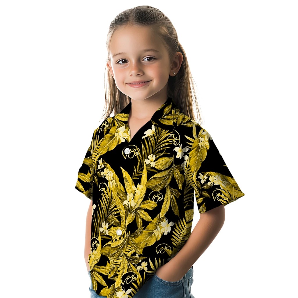 Iowa Hawkeyes Hawaiian Shirt - Palm Leaves iowa hawkeyes palm leaves black hawaiian shirts premium grade