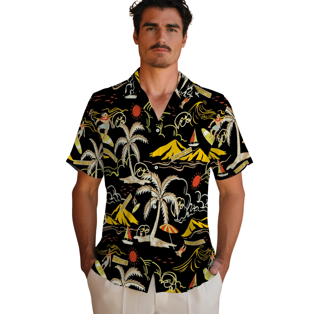 Iowa Hawkeyes Hawaiian Shirt - Palm Tree Island iowa hawkeyes palm tree island black hawaiian shirts fashion forward