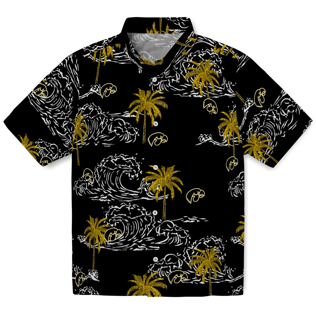 Iowa Hawkeyes Hawaiian Shirt - Wave Palm iowa hawkeyes wave palm black hawaiian shirts best selling