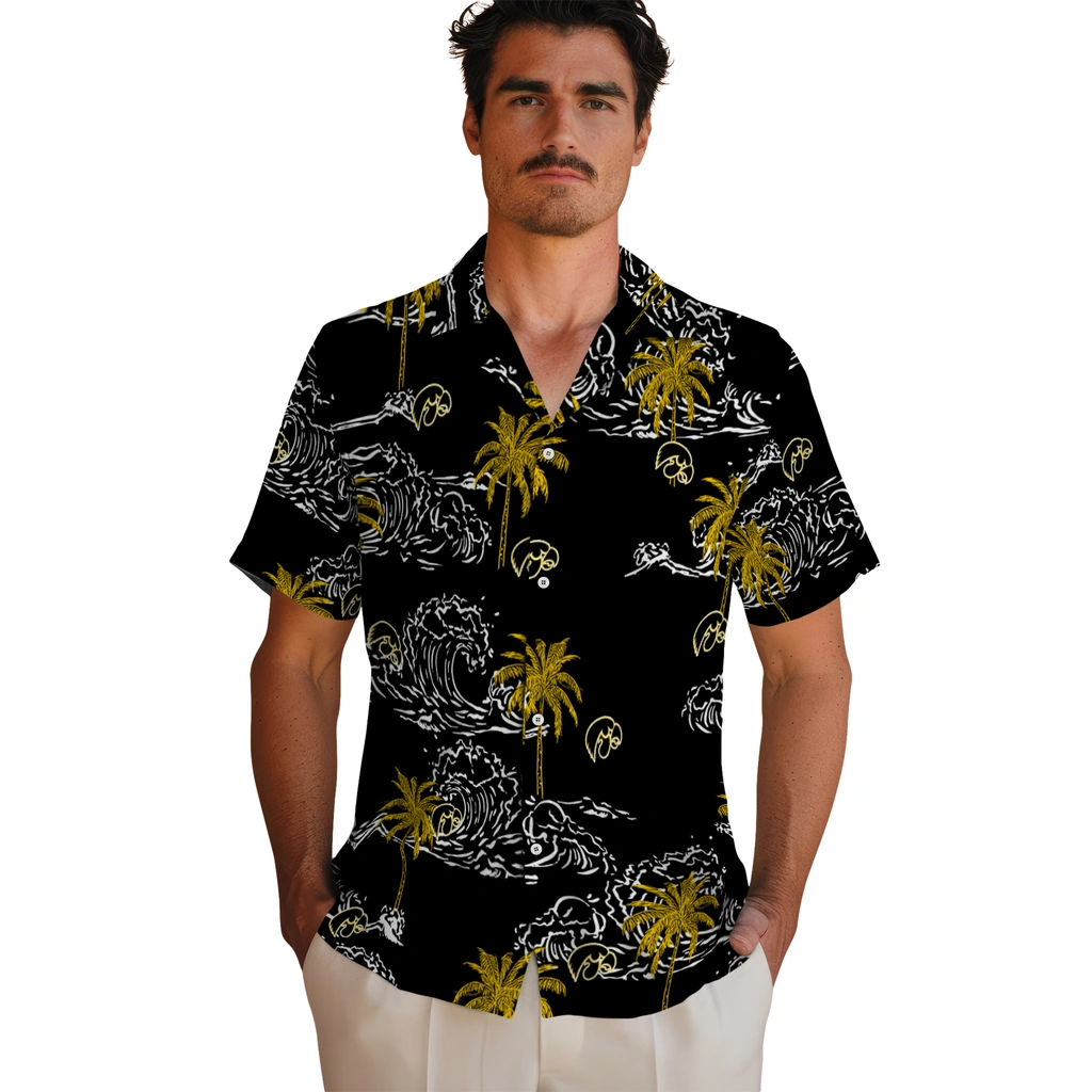 Iowa Hawkeyes Hawaiian Shirt - Wave Palm iowa hawkeyes wave palm black hawaiian shirts fashion forward