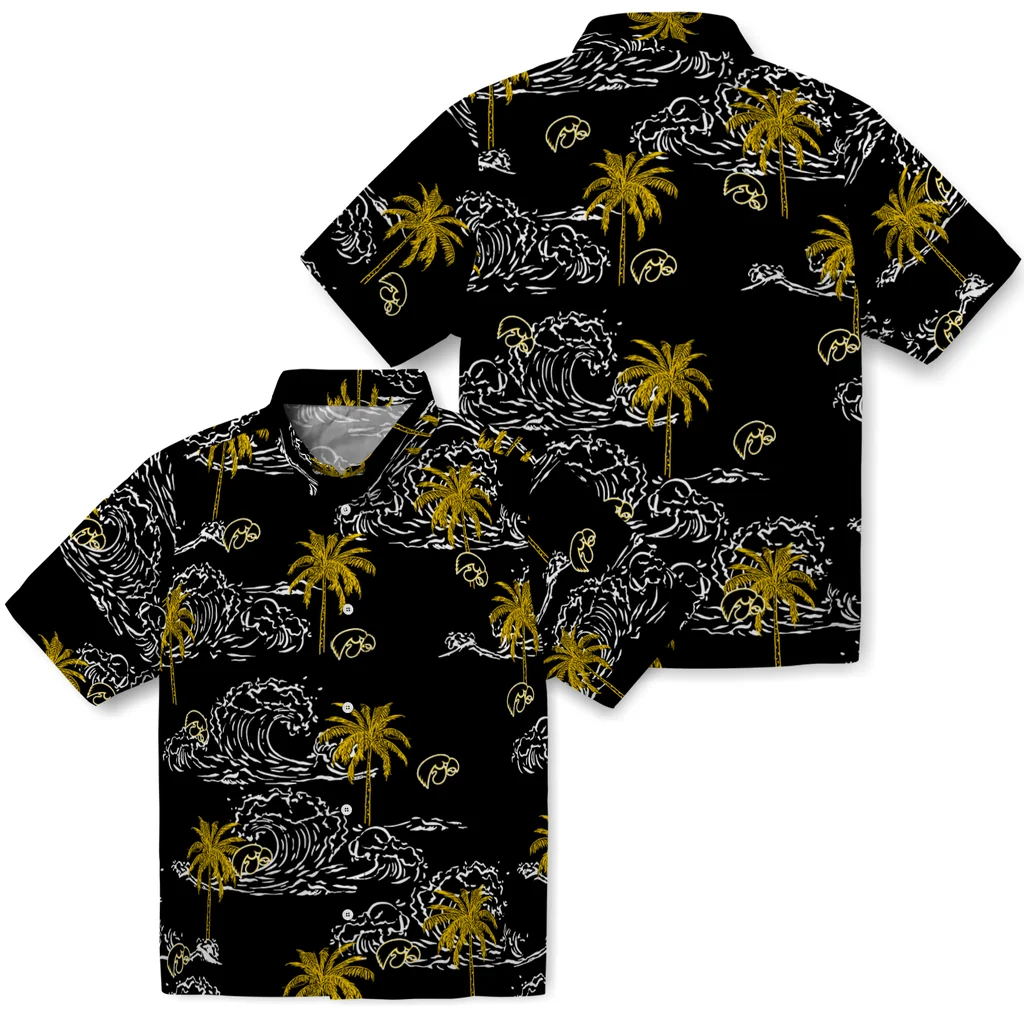 Iowa Hawkeyes Hawaiian Shirt - Wave Palm iowa hawkeyes wave palm black hawaiian shirts high quality