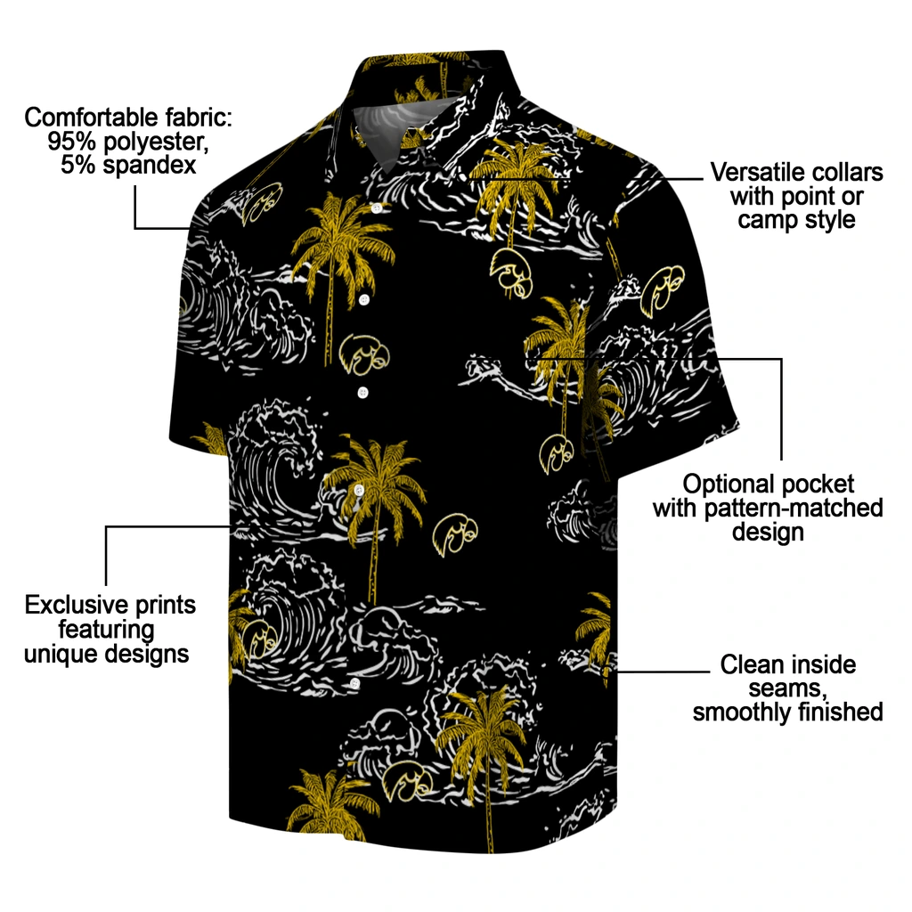 Iowa Hawkeyes Hawaiian Shirt - Wave Palm iowa hawkeyes wave palm black hawaiian shirts new arrival