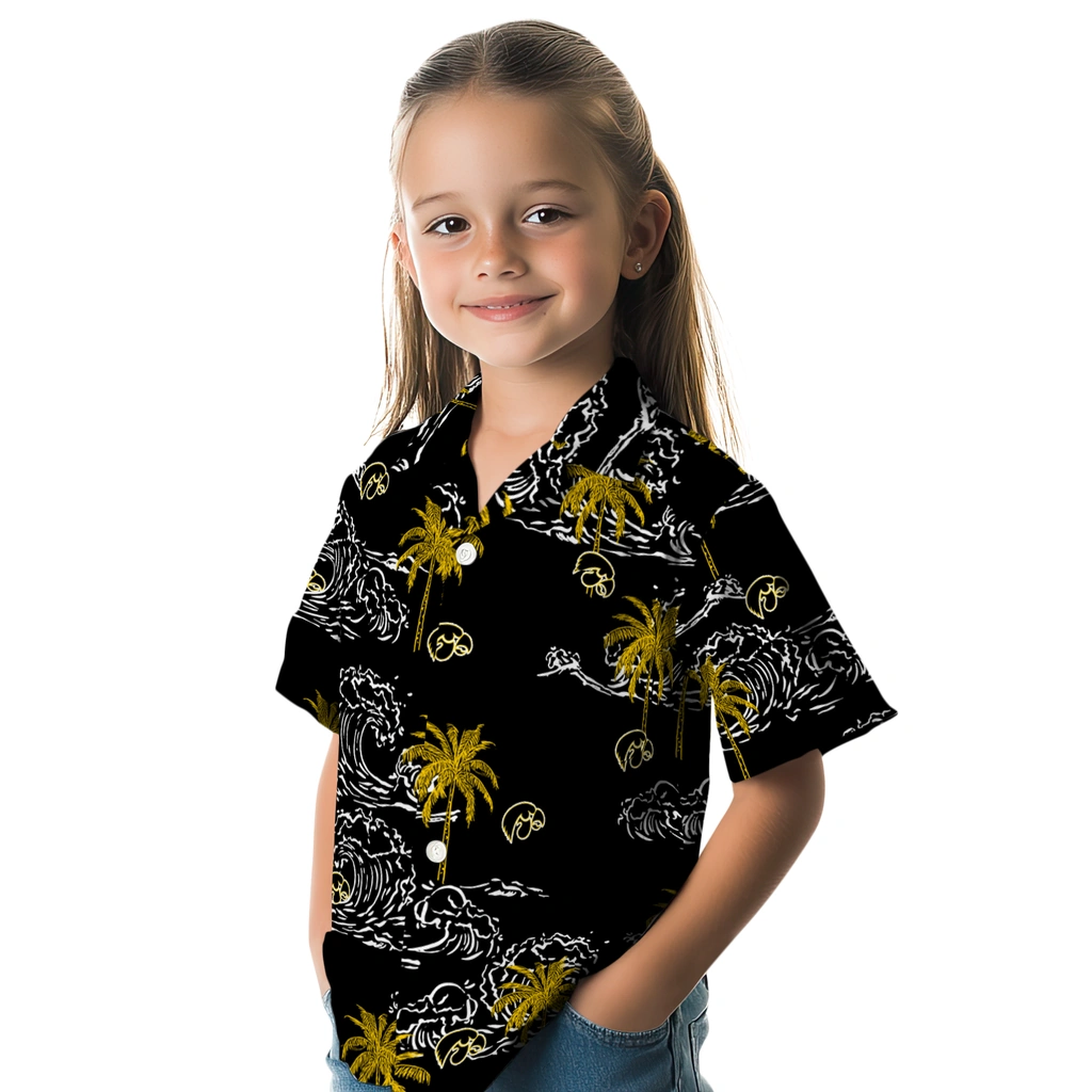 Iowa Hawkeyes Hawaiian Shirt - Wave Palm iowa hawkeyes wave palm black hawaiian shirts premium grade